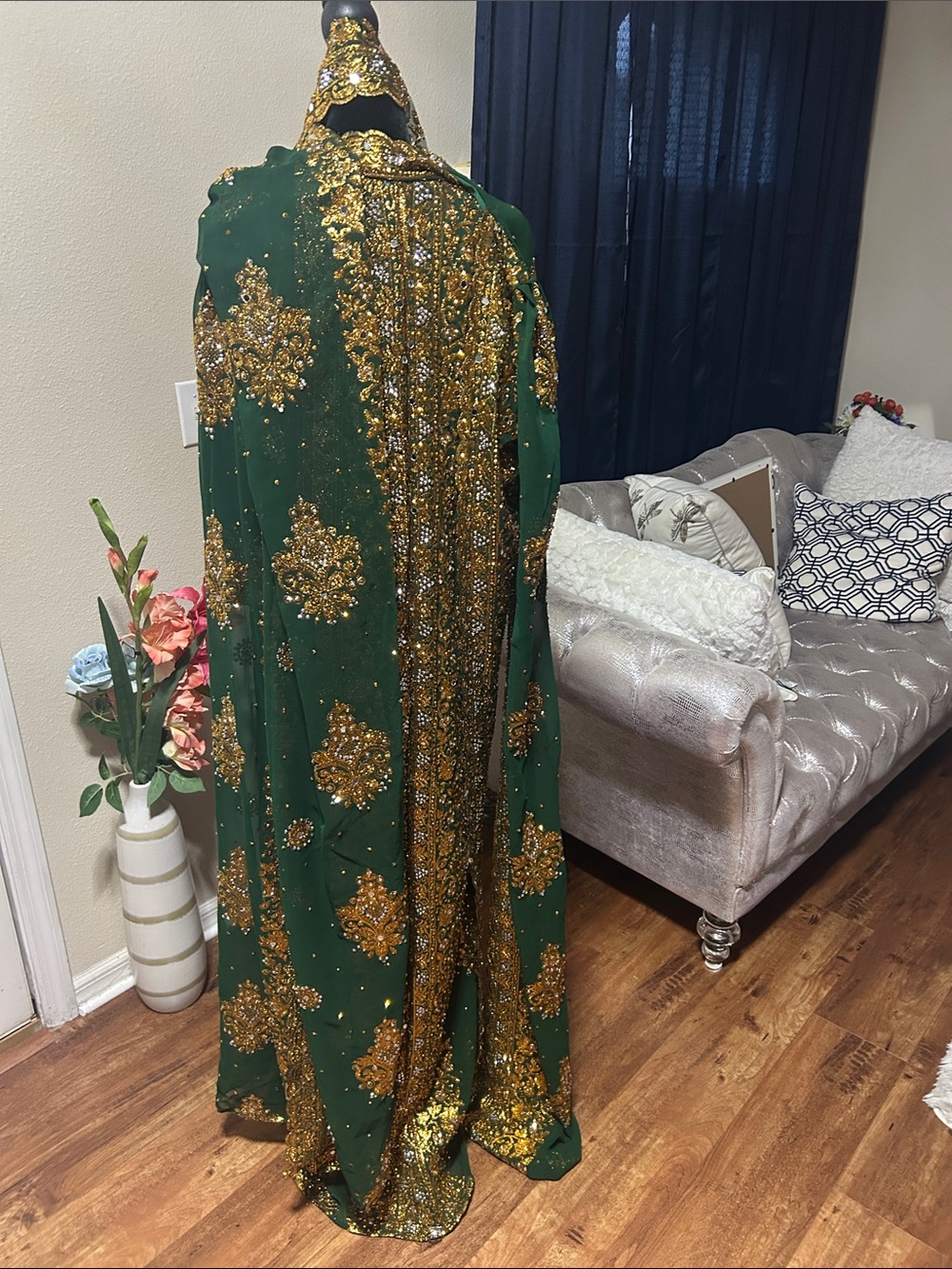 Embellished Green Maxi Dress with Gold Sequin Detail